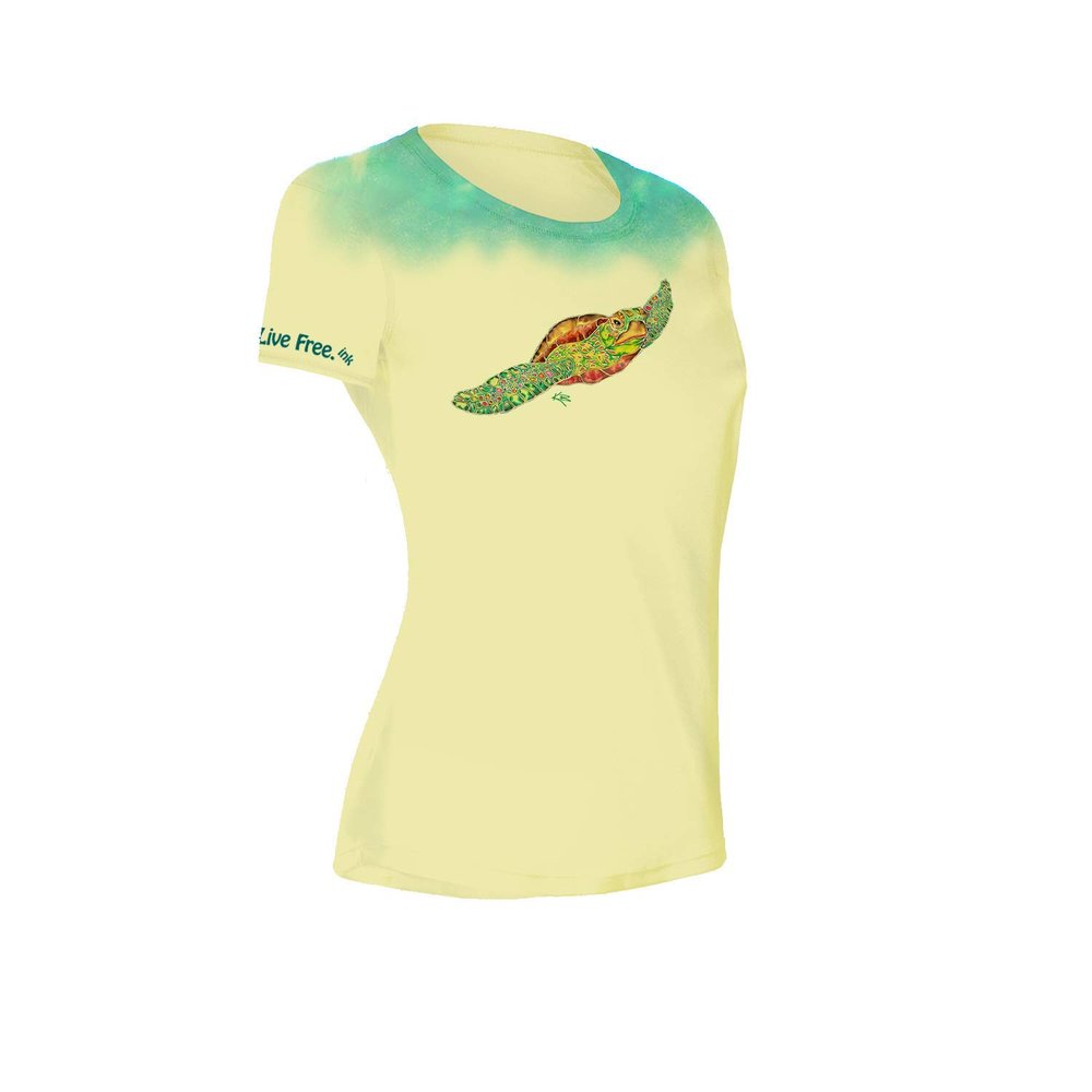 Swimming Turtle Women's Short-Sleeve Solar Performance Shirt Pale Yellow Medium