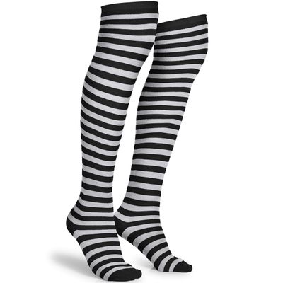Skeleteen Black and White Socks - Over the Knee Striped Thigh High Costume Accessories Stockings for Men, Women and Kids