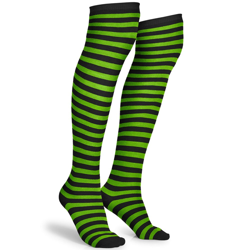 Skeleteen Black and Green Socks - Over the Knee Striped Thigh High Costume Accessories Stockings for Men, Women and Kids