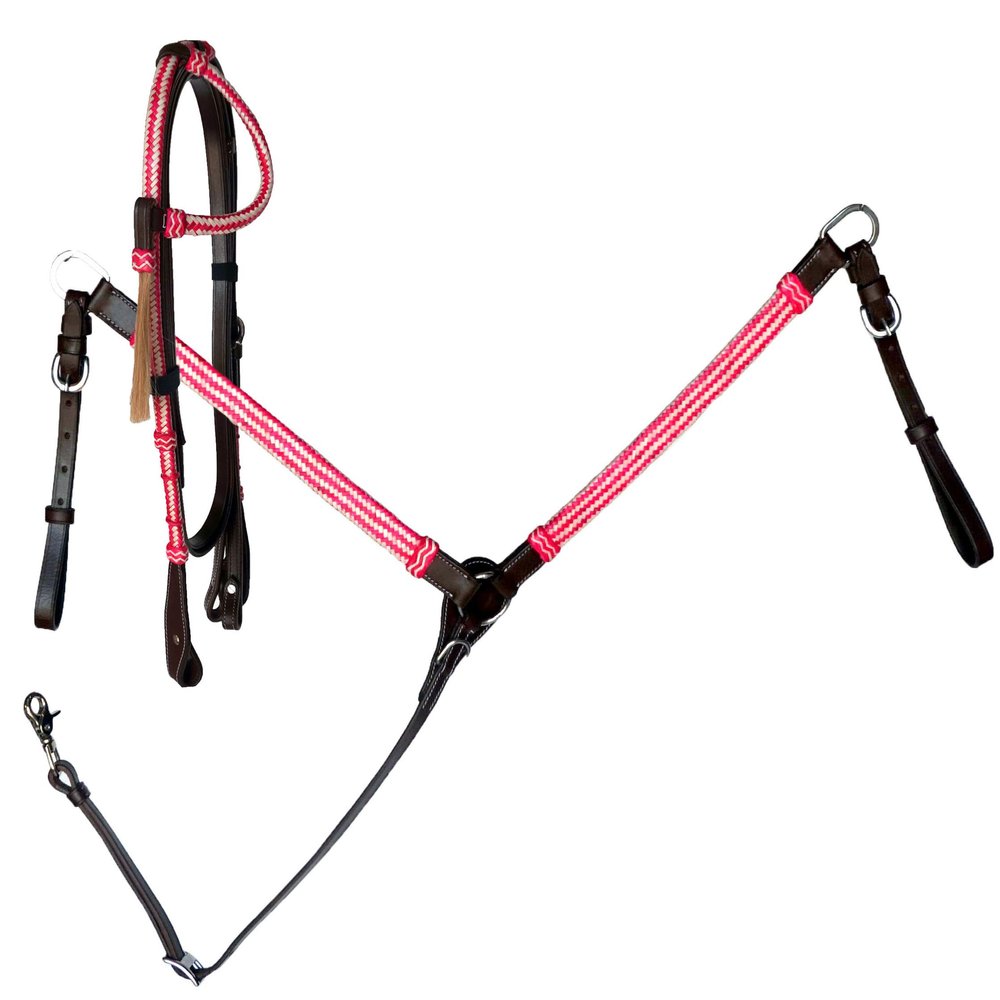 Equitem Full Horse Size Leather Headstall and Breast Collar Set with Color Braided Rawhide Accents (Pink)