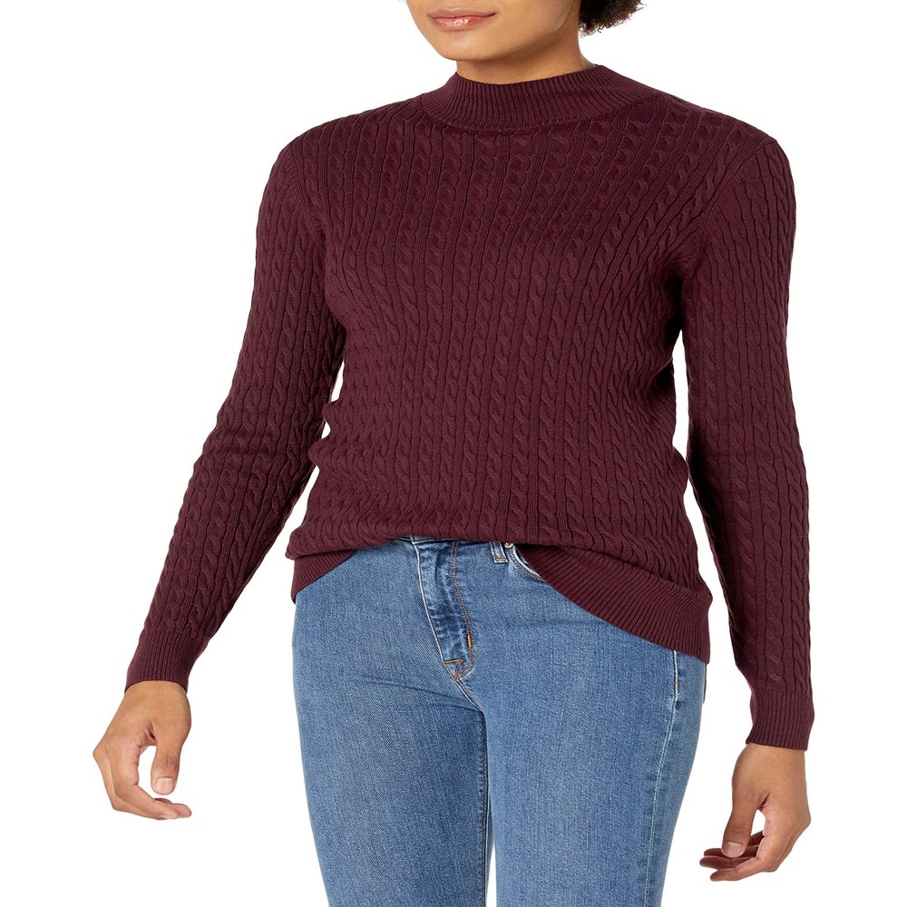 Amazon Essentials Women's Classic-Fit Lightweight Cable Long-Sleeve Mock Neck Sweater, Burgundy, Small