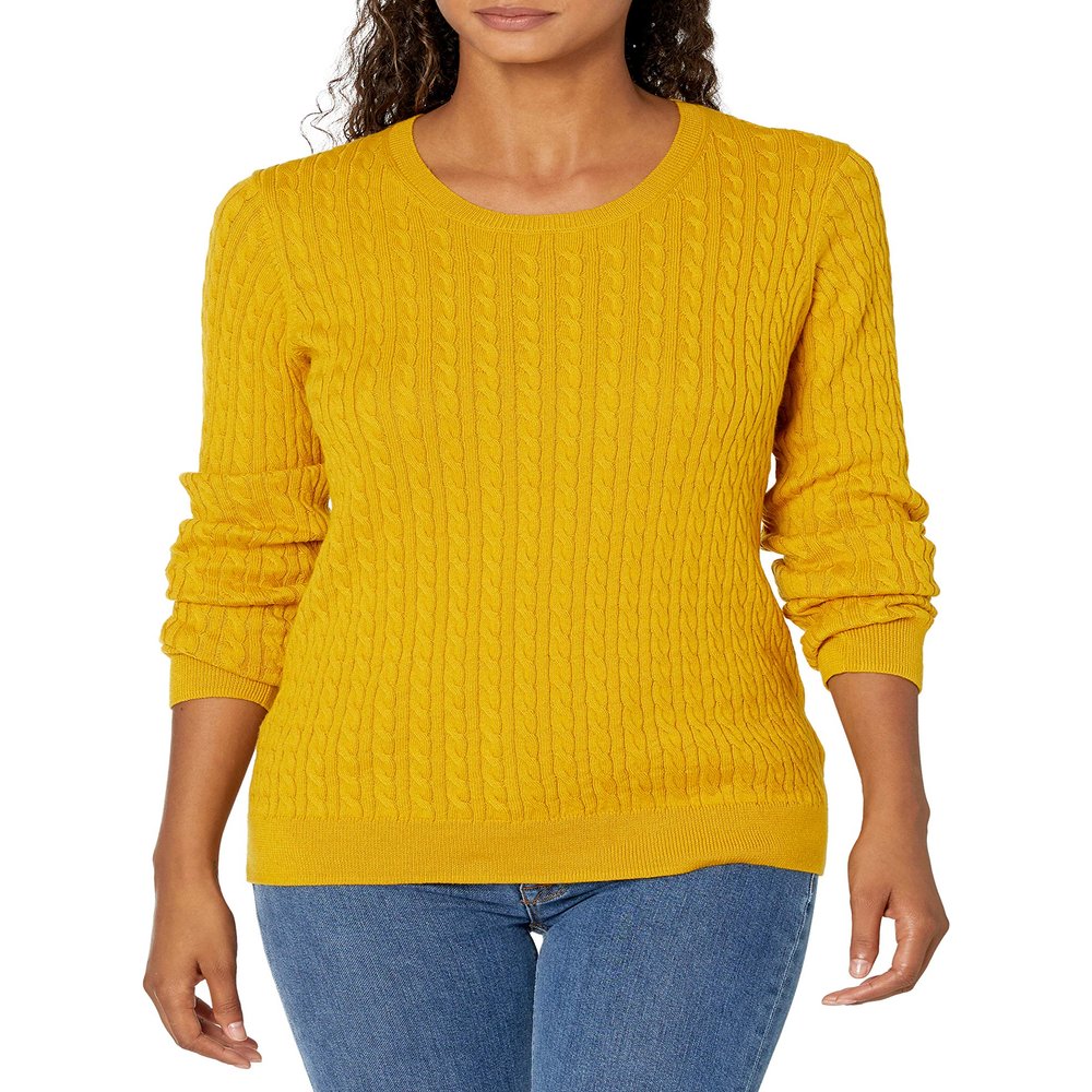 Amazon Essentials Women's Lightweight Long-Sleeve Cable Crewneck Sweater (Available in Plus Size), Gold, X-Large