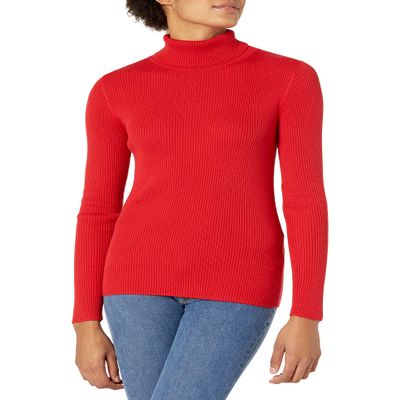 Amazon Essentials Women's Slim-Fit Lightweight Long-Sleeve Turtleneck Sweater, Cherry Red, Medium