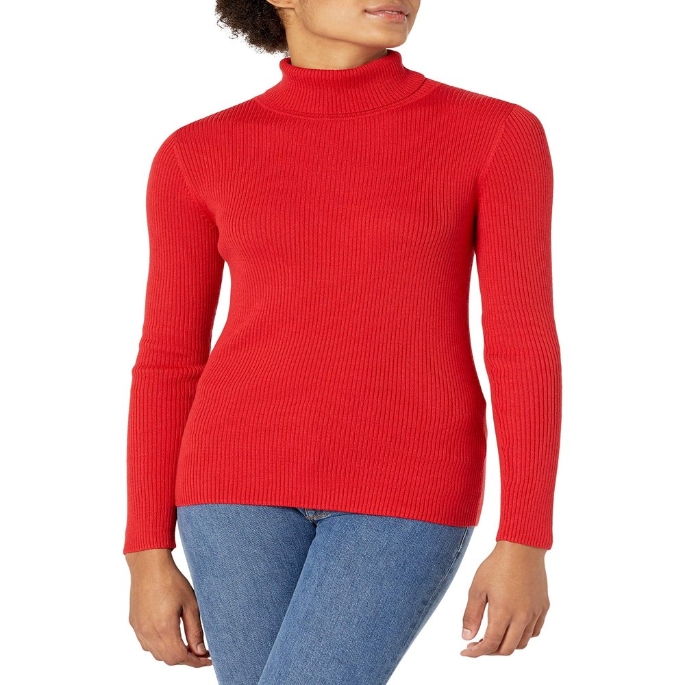 Amazon Essentials Women's Slim-Fit Lightweight Long-Sleeve Turtleneck Sweater, Cherry Red, Medium