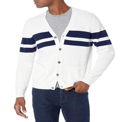 Amazon Essentials Men's Cotton Cardigan Sweater, Navy White Rugby Stripe, Large