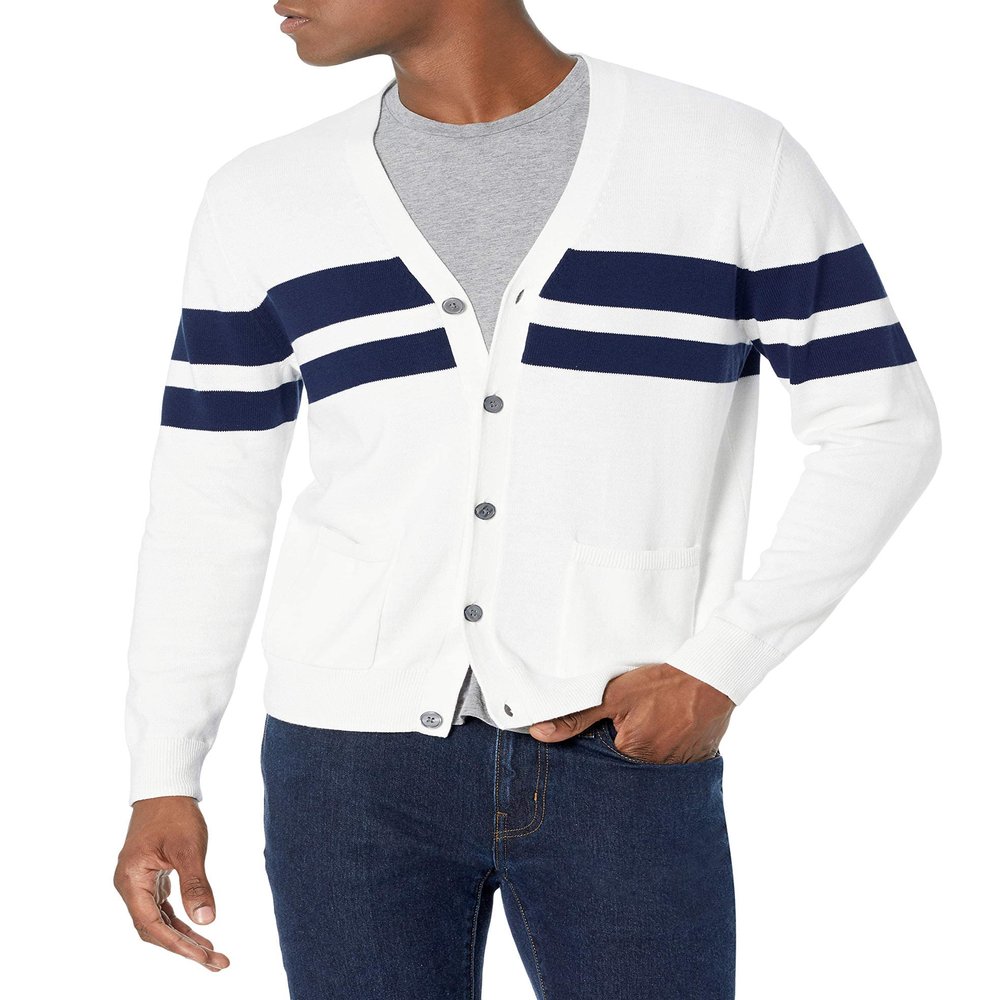 Amazon Essentials Men's Cotton Cardigan Sweater, Navy White Rugby Stripe, Large