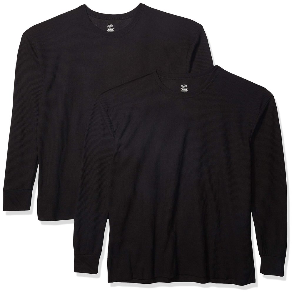 Fruit of the Loom Men's Classic Midweight Waffle Thermal Underwear Crew Top (1 & 2 Packs), Black/Black, Small Classic Midweight Waffle Thermal Underwear Crew Top, Black/Black (2-Pack), Small