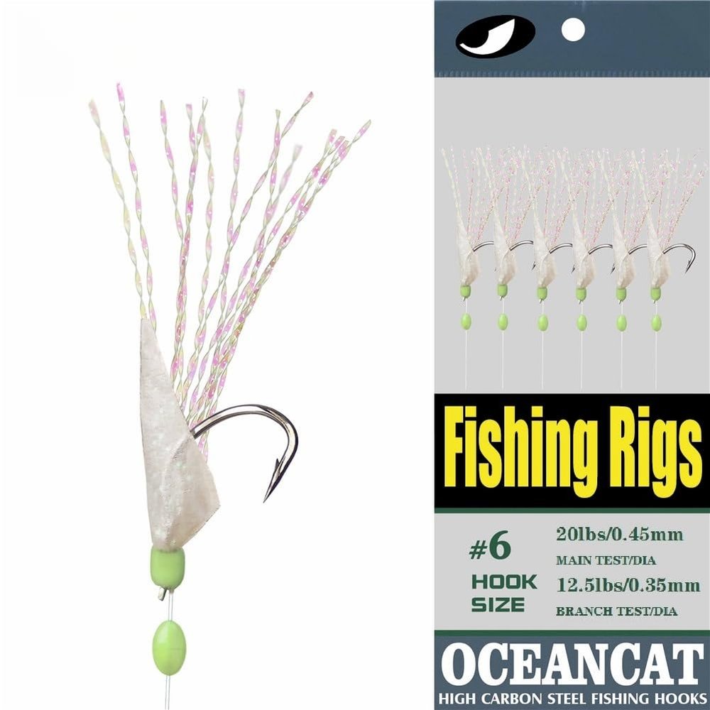 10 Packs Rainbow Fish Skin 6 Hooks Saltwater String Hook Fishing Lure Bait Rig Tackle (6#, 10 Packs)