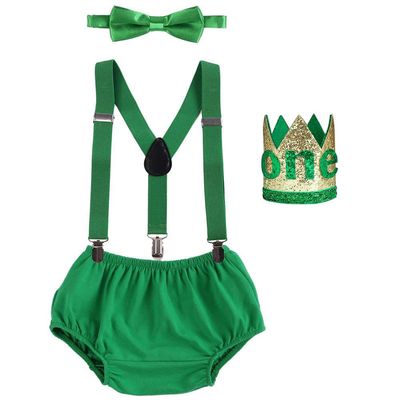 IDOPIP Baby Boy Lion Cake Smash Outfit Wild One 1st Birthday Clothes Bloomers Diaper Cover Suspender Bow Tie Set with Sequin Fur Lion Crown Headband Jungle Party Photo Prop Green 3-24 Months
