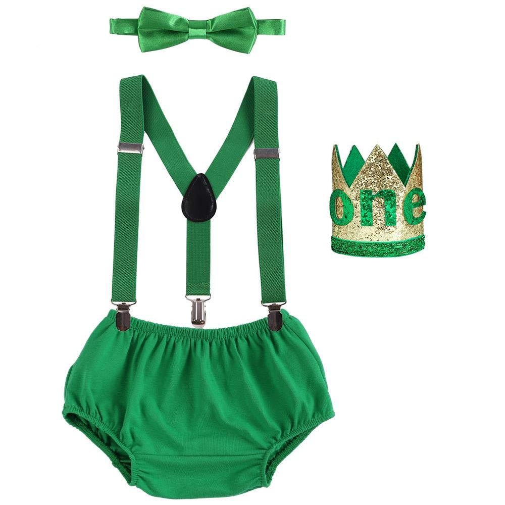 IDOPIP Baby Boy Lion Cake Smash Outfit Wild One 1st Birthday Clothes Bloomers Diaper Cover Suspender Bow Tie Set with Sequin Fur Lion Crown Headband Jungle Party Photo Prop Green 3-24 Months