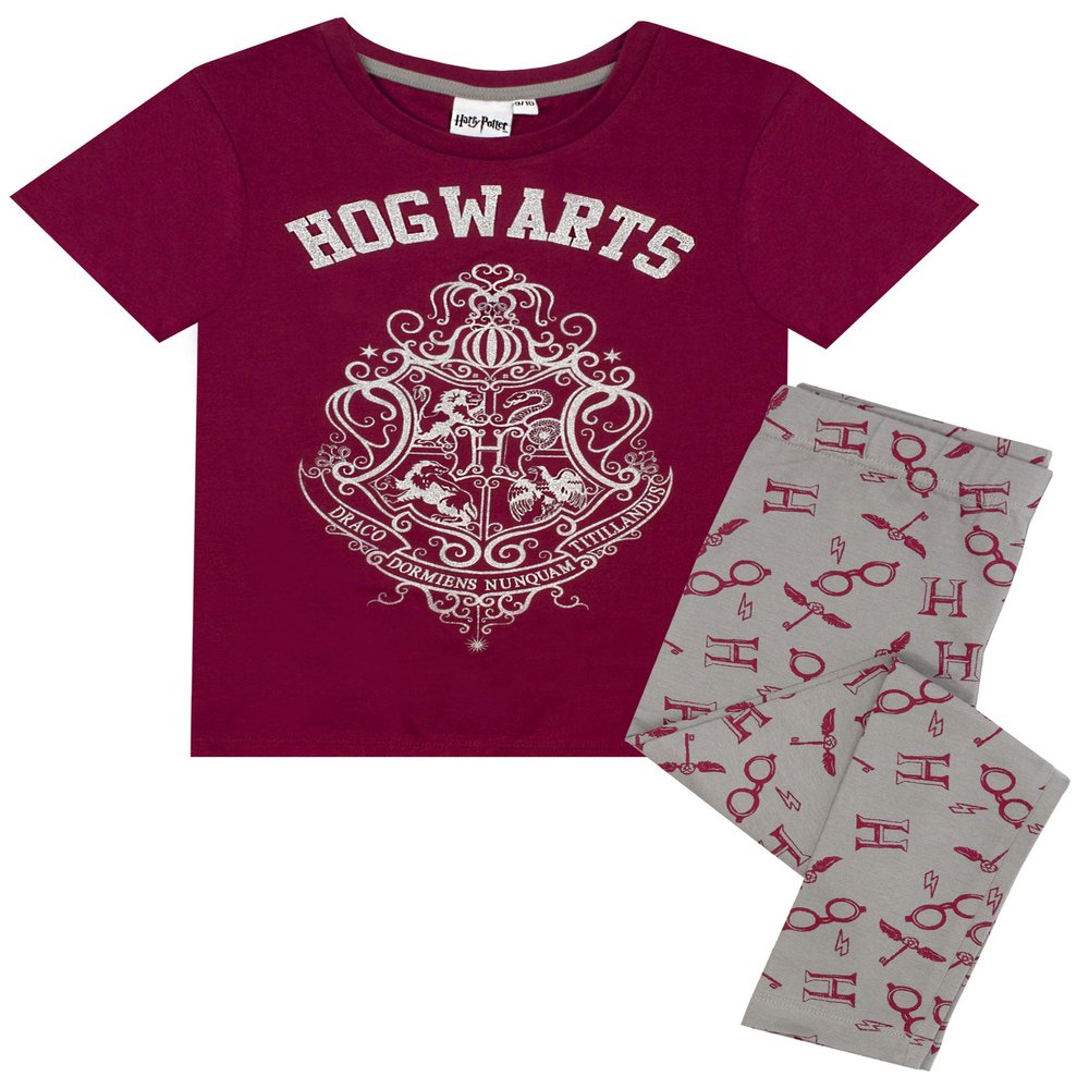 Harry Potter Hogwarts Crest Glitter Print Girl's Long OR Short Leg Pajamas 7-8 Years