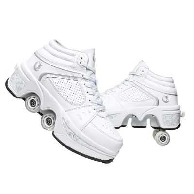 Automatic Walking Shoes Invisible Roller Skate 2 in 1 Removable Pulley Skates Skating Double-Row Deform Wheel Deformation (White high, US 7)