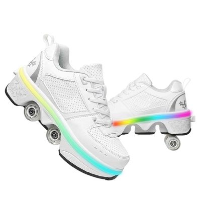 Wedsf Automatic Walking Shoes Invisible Roller Skate 2 in 1 Removable Pulley Skates Skating Double-Row Deform Wheel Deformation (Low White Light, US 9)