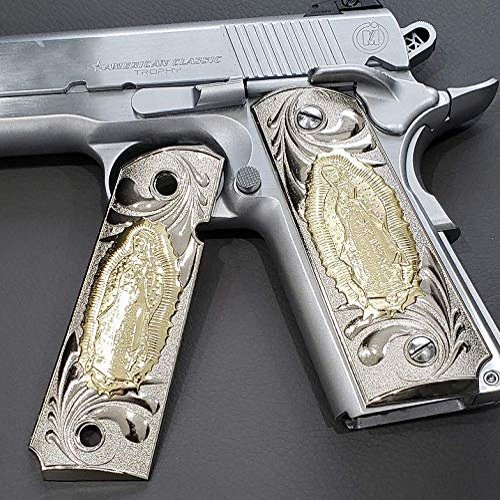 Replacement 1911 Full Size Grips for fits Standard Government 1911 Models & Clones - Nickel Gold Virgin Mary Grips