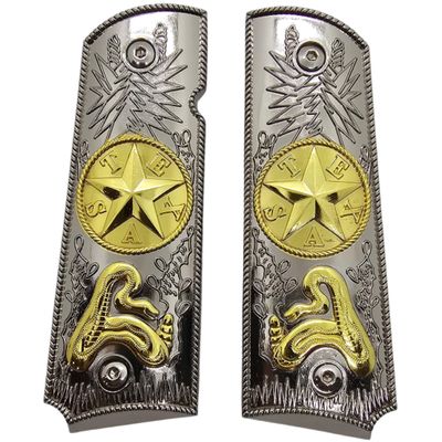 1911 Pistol Grips . Full Size, Lone Star Medallion Design, Nickel and Gold, Ambi Cut Compatible