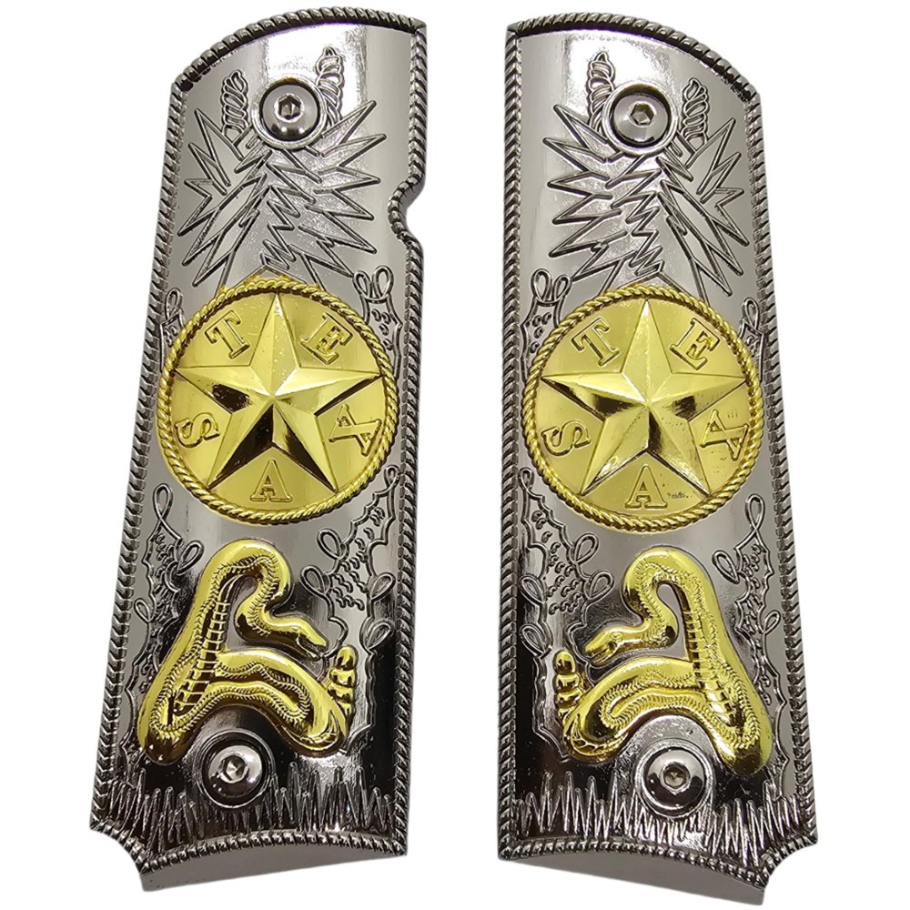 1911 Pistol Grips . Full Size, Lone Star Medallion Design, Nickel and Gold, Ambi Cut Compatible
