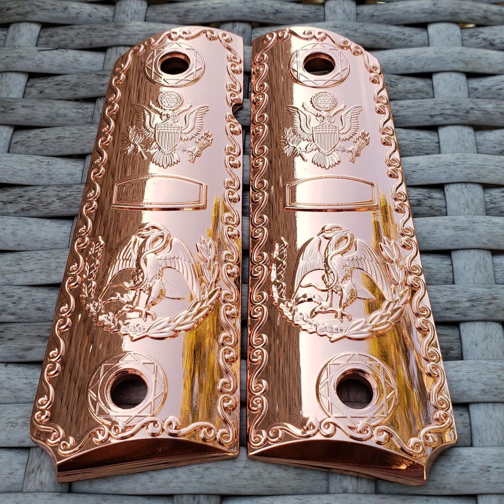 Replacement 1911 Full Size Grips for Kimber, Colt, Rock Island, Springfield, Taurus, & Clones - Mexican Eagle Rose Gold Grips