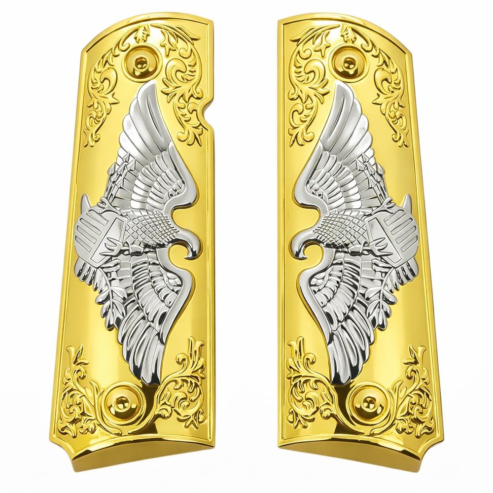 Replacement 1911 Full Size Grips for Kimber, Colt, Rock Island, Springfield, Taurus, & Clones - Eagle Gold Nickel Grips