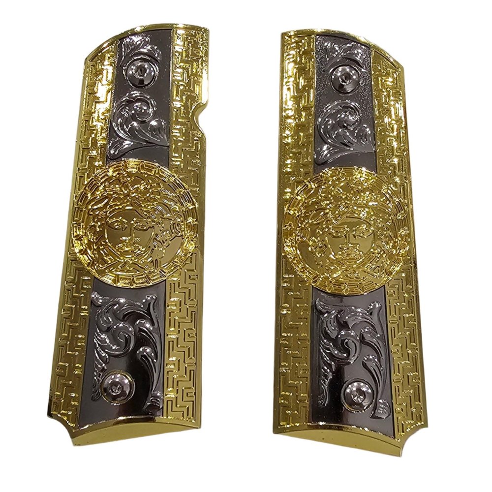 Replacement 1911 Full-Size Grips -Ambi Safety Cut Gold Nickel Metal Grips, Free 1911 Grip Screws Included