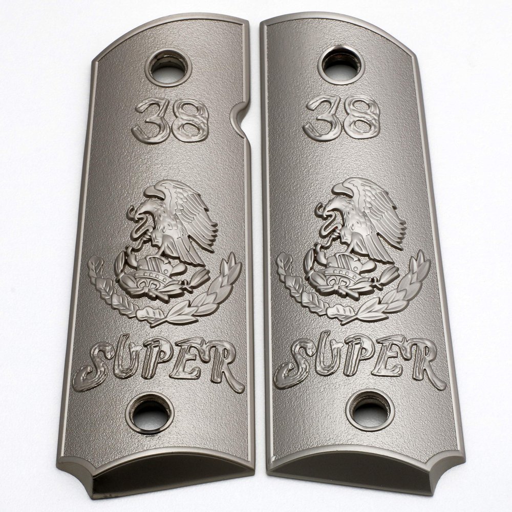 Replacement 1911 Full Size Grips for Kimber, Colt, Rock Island, Springfield, Taurus, & Clones - 38 Super Eagle Brushed Nickel Grips
