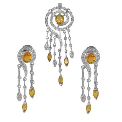 Silvesto India Yellow Quartz & Cubic Zircon 925 Silver Plated Earring & Pendant Set
