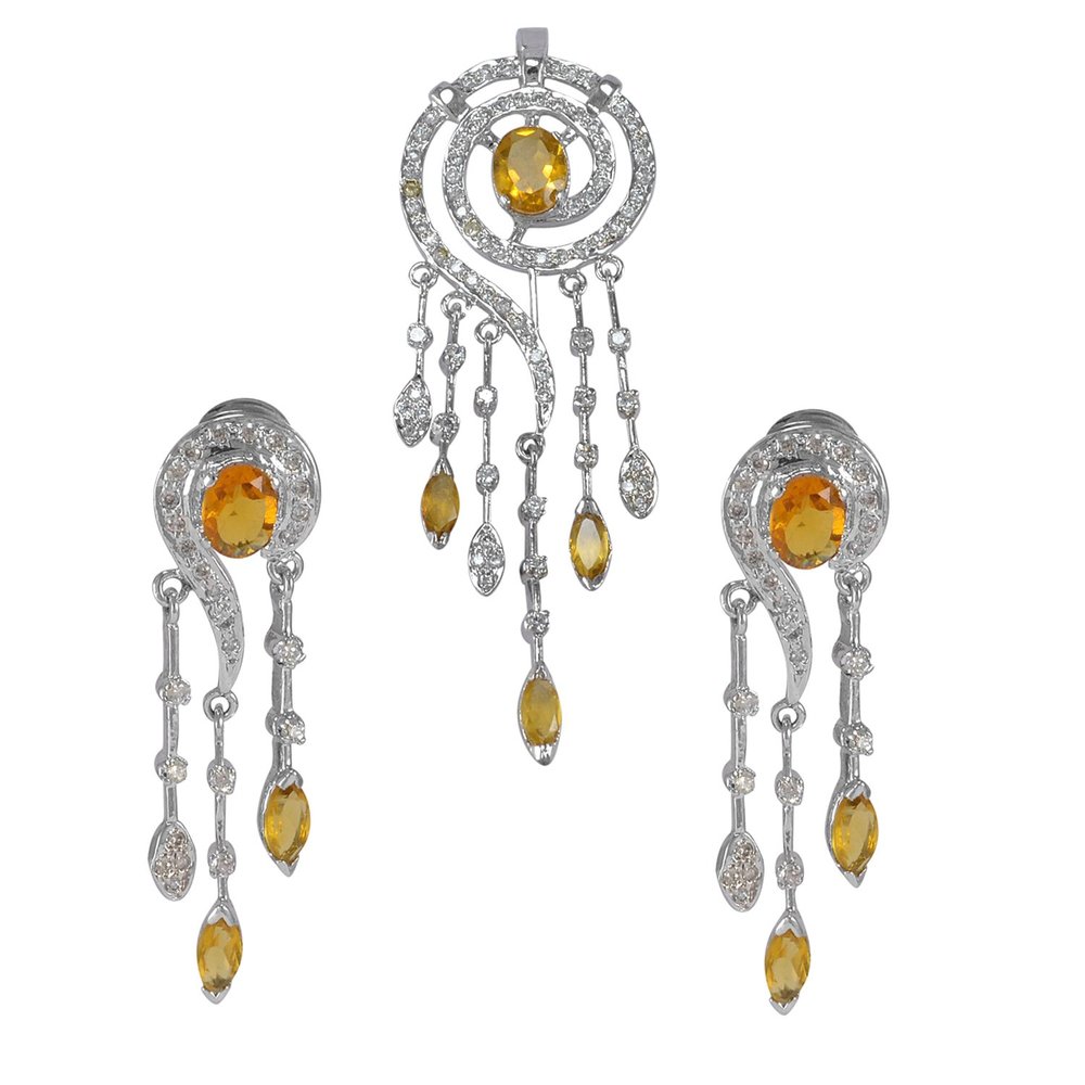 Silvesto India Yellow Quartz & Cubic Zircon 925 Silver Plated Earring & Pendant Set
