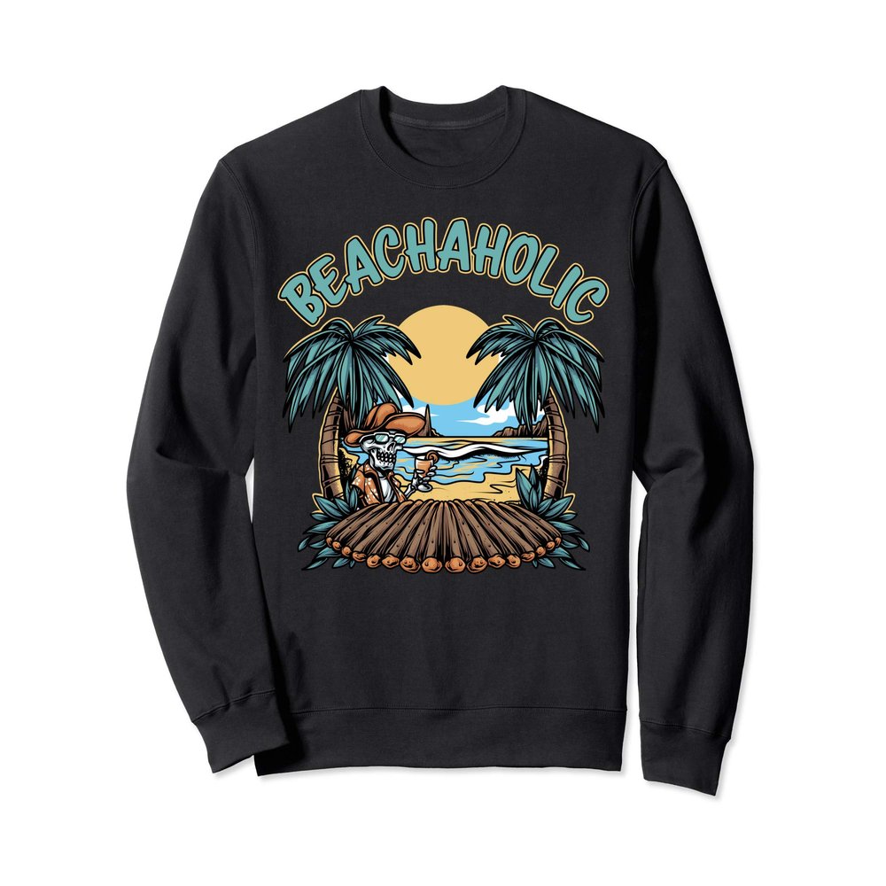 Beachaholic Skeleton Beach Palm Trees Sand Surf Drinking Sweatshirt