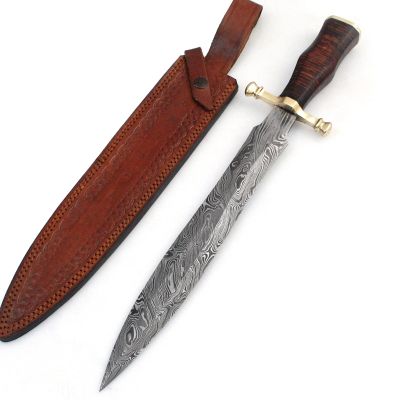 Rare Custom Damascus Dagger Hunting Knife | Outdoor Knife Camping Knife | Leather Handle with Free Genuine Leather Sheath