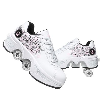Automatic Walking Shoes Invisible Roller Skate 2 in 1 Removable Pulley Skates Skating Double-Row Deform Wheel Deformation (White Black Powder, US 9)