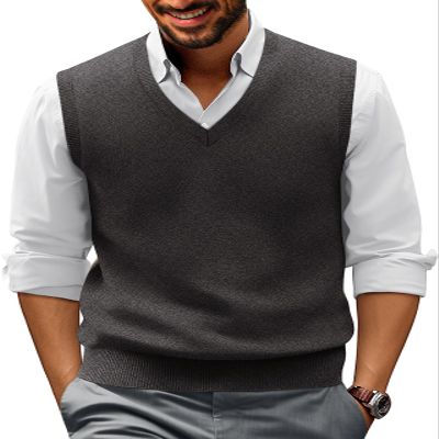 PJ PAUL JONES Mens Casual V-Neck Pullover Sweater Vest Solid Color Plain Knitwear Dark Grey S