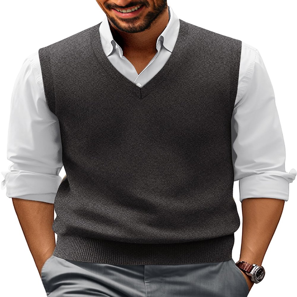 PJ PAUL JONES Mens Casual V-Neck Pullover Sweater Vest Solid Color Plain Knitwear Dark Grey S