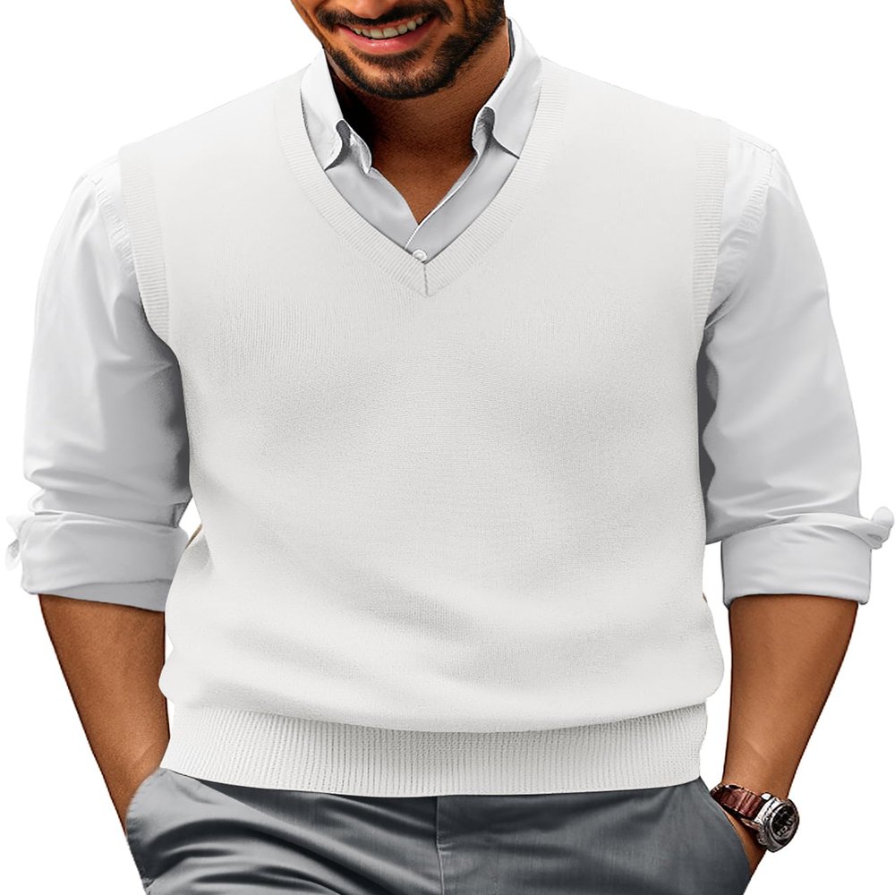 PJ PAUL JONES Basic Solid V-Neck Sweater Vest Men Sleeveless Plain Knitwear Pullover White 2XL