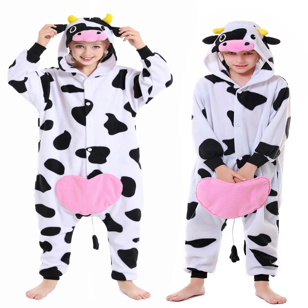 CANASOUR Cow Onesie Kids Halloween Cosplay Costume Girls One Piece Pjs Anime Unisex Hoodie Pajamas For 8-10 Years Boys Party Pyjamas (Height 51-55, 8 Years, Cow)