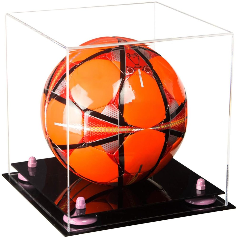 Better Display Cases Acrylic Display Case for Collectibles, Full Size Soccer Ball Display Case,Pink Risers & Black Base, Handcrafted Showcase Box.DIM;9.75" L x 9.75" W x 9.75" H.(B02)