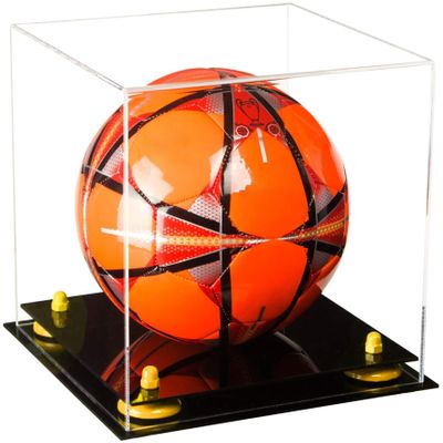 Better Display Cases Acrylic Display Case for Collectibles, Full Size Soccer Ball Display Case,Yellow Risers & Black Base, Handcrafted Showcase Box.DIM;9.75" L x 9.75" W x 9.75" H. (B02)