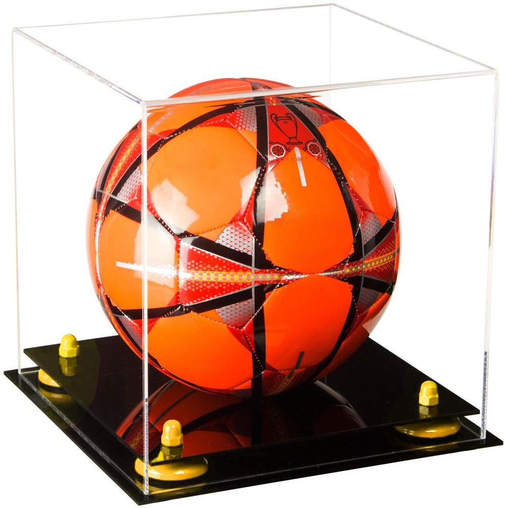 Better Display Cases Acrylic Display Case for Collectibles, Full Size Soccer Ball Display Case,Yellow Risers & Black Base, Handcrafted Showcase Box.DIM;9.75" L x 9.75" W x 9.75" H. (B02)