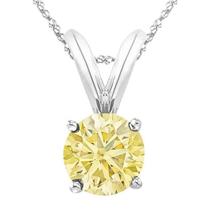 1/2 0.5 Carat 14K White Gold Round Yellow Diamond 4 Prong Solitaire Pendant Necklace (AAA Quality) W/ 16" Gold Chain