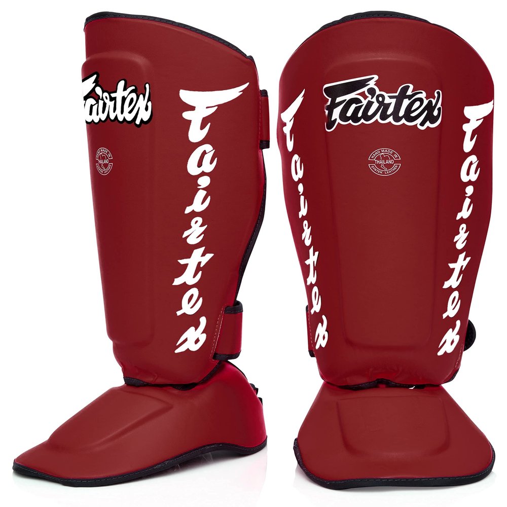 Fairtex SP7 Muay Thai Shin Guards for Men, Women, Kids | Shinguards Made with Syntek Leather & are Premium, Lightweight & Durable | Detachable shin & Foot Protector- Small, Red