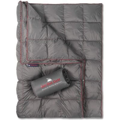 Get Out Gear Double Puffy Camping Blanket - Extra Puffy, Packable, Lightweight and Warm | Ideal for Outdoors, Travel, Stadium, Festivals, Beach, Hammock | Water-Resistant Camp Quilt (Gray/Burgundy)