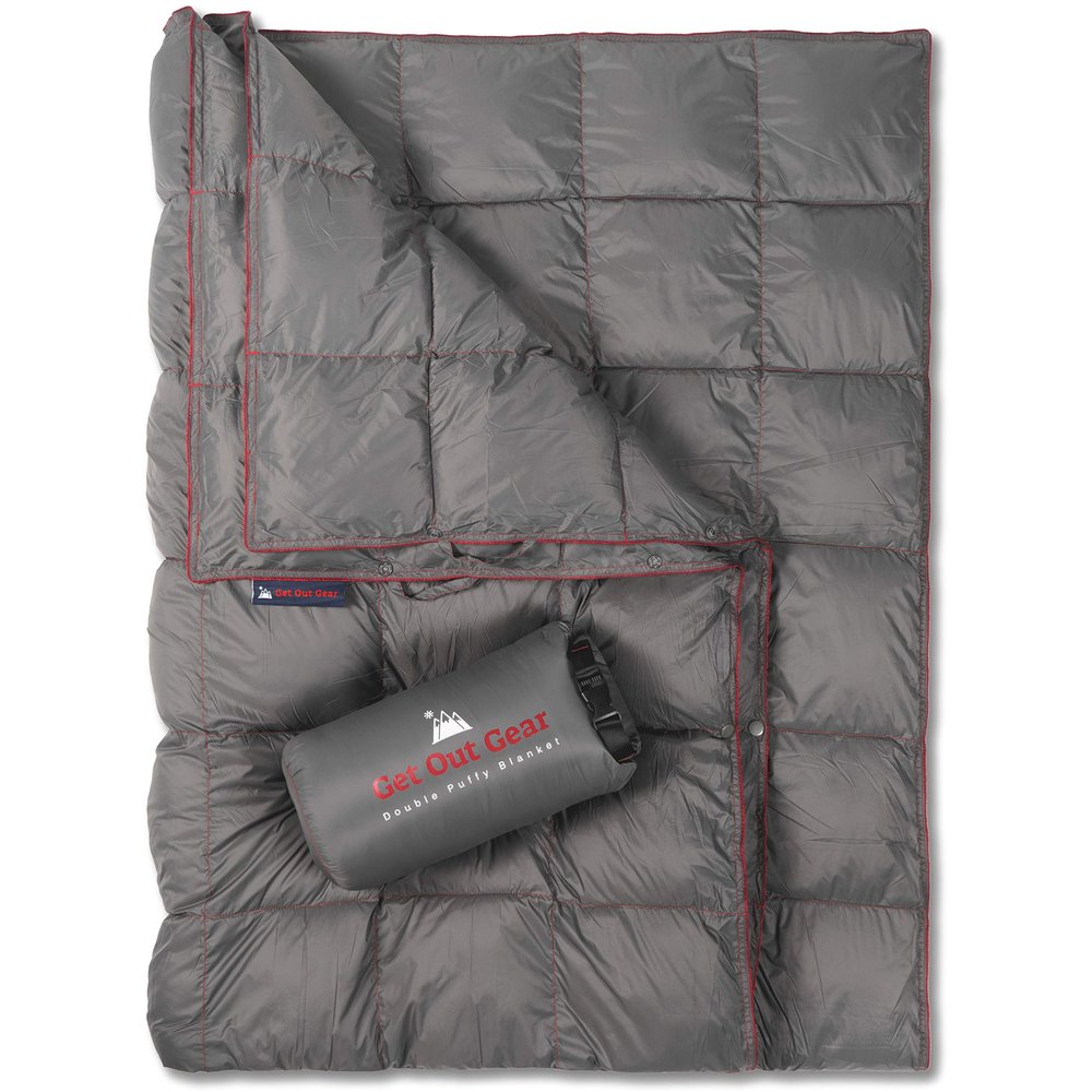 Get Out Gear Double Puffy Camping Blanket - Extra Puffy, Packable, Lightweight and Warm | Ideal for Outdoors, Travel, Stadium, Festivals, Beach, Hammock | Water-Resistant Camp Quilt (Gray/Burgundy)