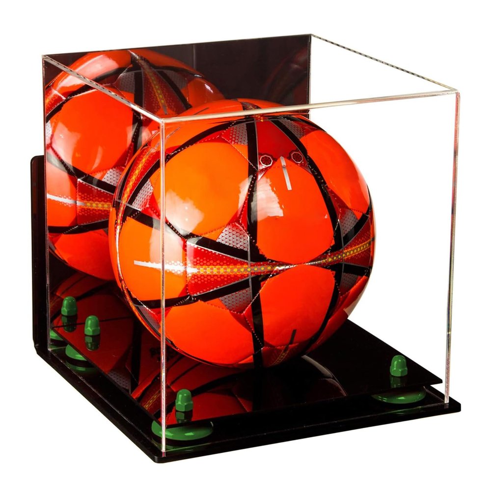 Better Display Cases Acrylic Display Case for Collectibles, Full Size Soccer Ball Display Case,Green Risers & Black Base, Handcrafted Showcase Box.DIM;9.75" L x 9.75" W x 9.75" H. (B02)