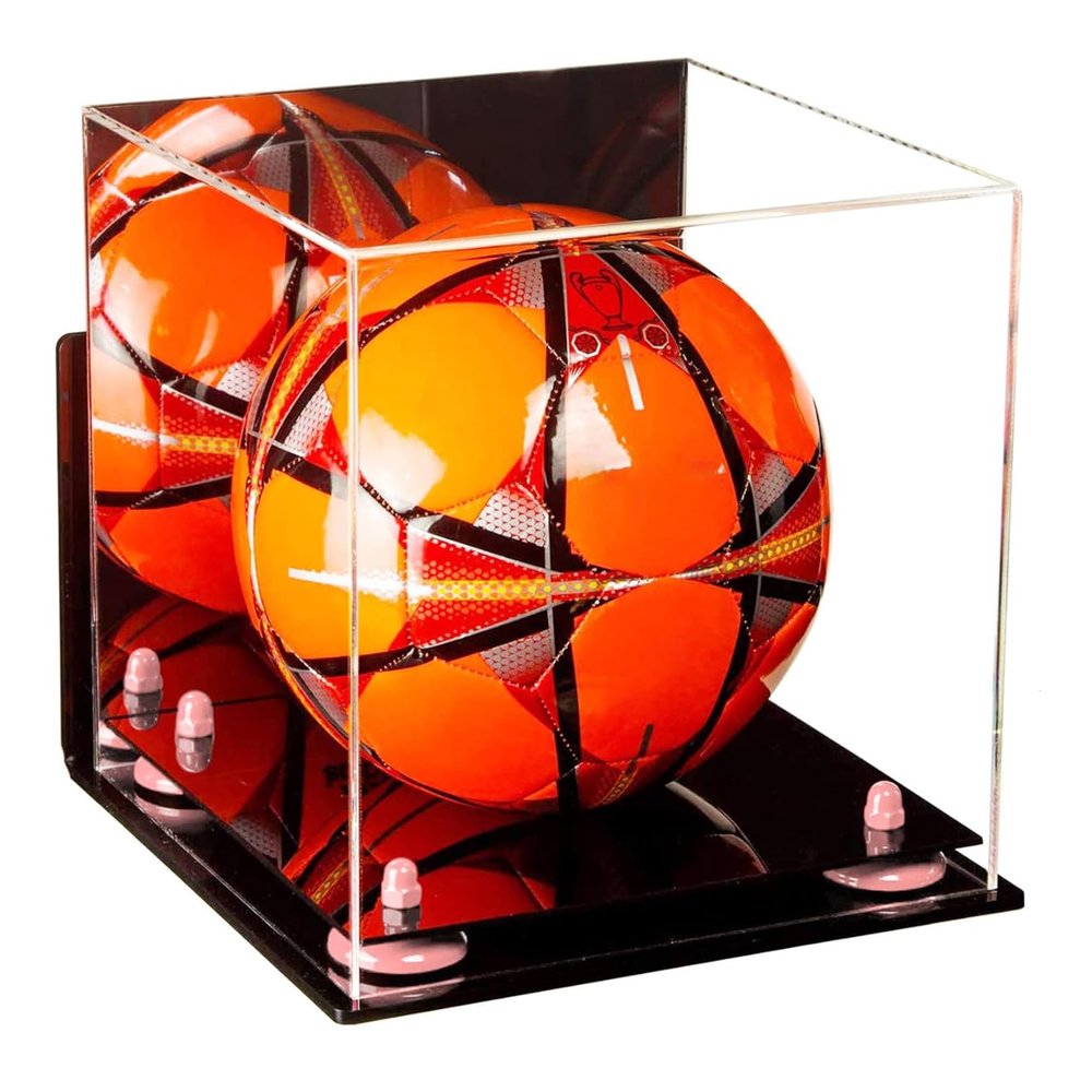 Better Display Cases Acrylic Display Case for Collectibles, Full Size Soccer Ball Display Case,Pink Risers & Black Base, Handcrafted Showcase Box.DIM;9.75" L x 9.75" W x 9.75" H. (B02)