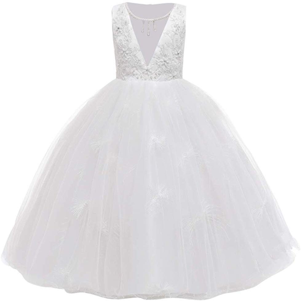 MYRISAM Little Girls Applique Princess Dress Bridesmaid Wedding Party Pageant Birthday Formal Dance Long Maxi Tulle Gown White 7-8T