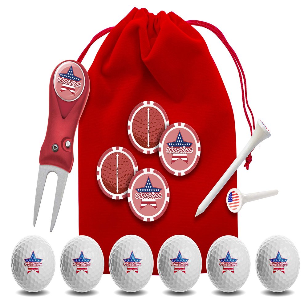 Clip Wipes USA American Flag Golf Gifts | USA American Flag Golf Balls | USA American Flag Golf Accessories Package #3 (Star-Red)