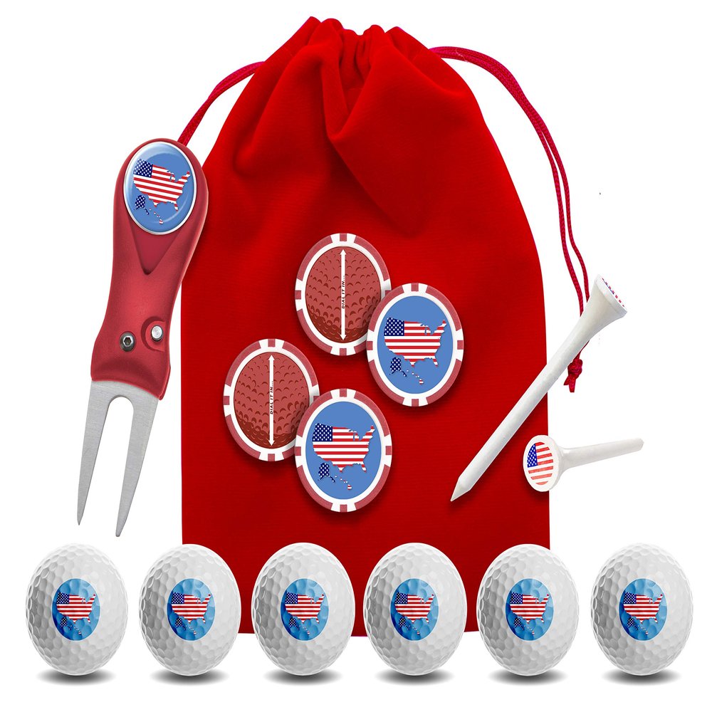 Clip Wipes USA American Flag Golf Gifts | USA American Flag Golf Balls | USA American Flag Golf Accessories Package #3 (Map-Red)