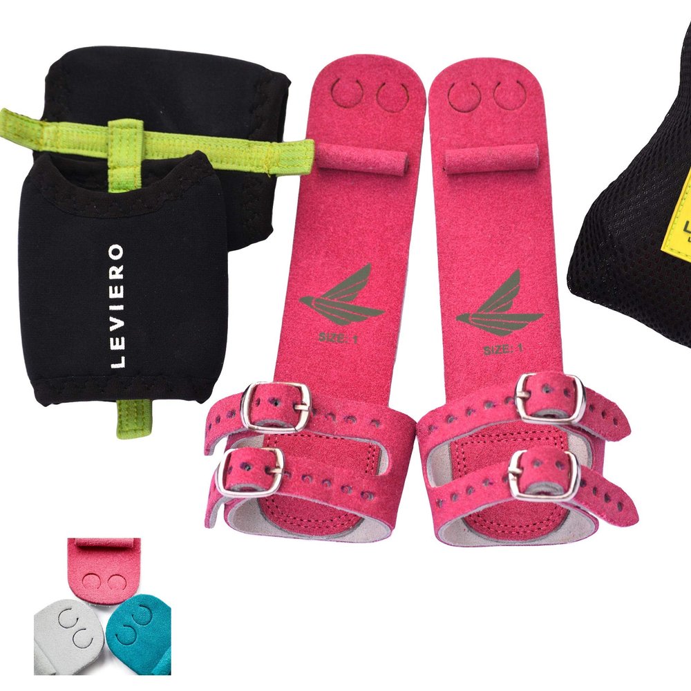 LEVIERO Gymnastics Grips Set, Grips for Gymnastics Girls, Dowel Grips with Soft Leather, Double Buckle Wrist Closure, and Adjustable Finger Holes, for All Ages - (Pink, 00)