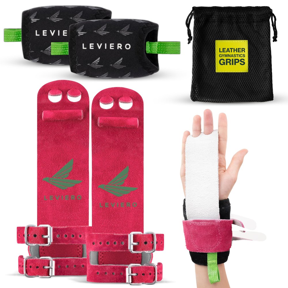 LEVIERO Gymnastics Grips Set, Grips for Gymnastics Girls, Dowel Grips with Soft Leather, Double Buckle Wrist Closure, and Adjustable Finger Holes, for All Ages - (Pink, 0)
