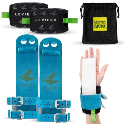 LEVIERO Gymnastics Grips Set, Grips for Gymnastics Girls, Dowel Grips with Soft Leather, Double Buckle Wrist Closure, and Adjustable Finger Holes, for All Ages - (Aqua, 00)