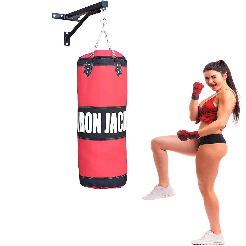 Athletic Bar Ultimate Heavy Bag Boxing Punching Bag, Unfilled Sandbag, MMA Karate Muay Thai Kick Boxing, Punching Kicking Reflex Training, Wall Mount Hanger Bracket + Training Bag w Gloves Full Set