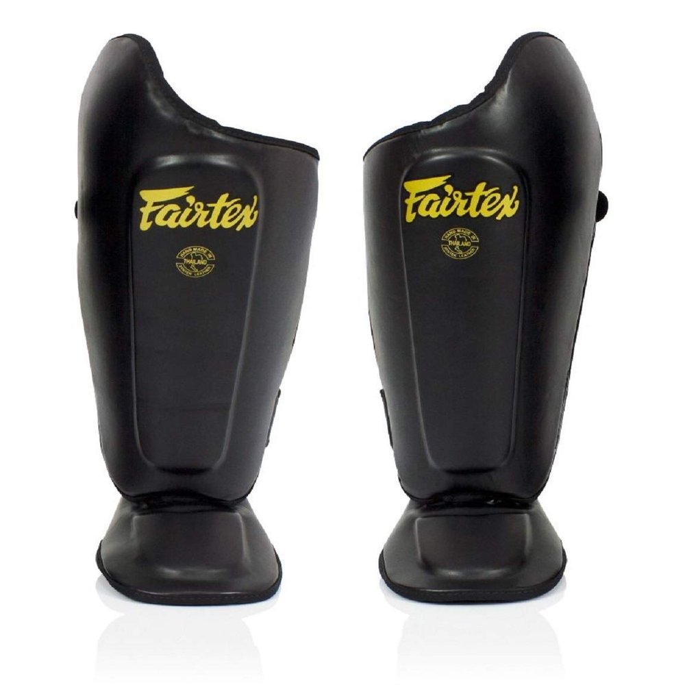 Fairtex SP8 Muay Thai Shin Guards for Men, Women, Kids | Shin Guards Made with Syntek Leather & are Premium, Lightweight & Durable | Expanded Side Protection (Black/Extra Large)